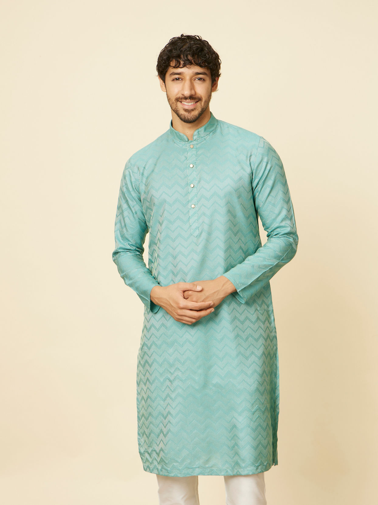 alt message - Manyavar Men Aqua Green Ikat Patterned Kurta Set image number 0